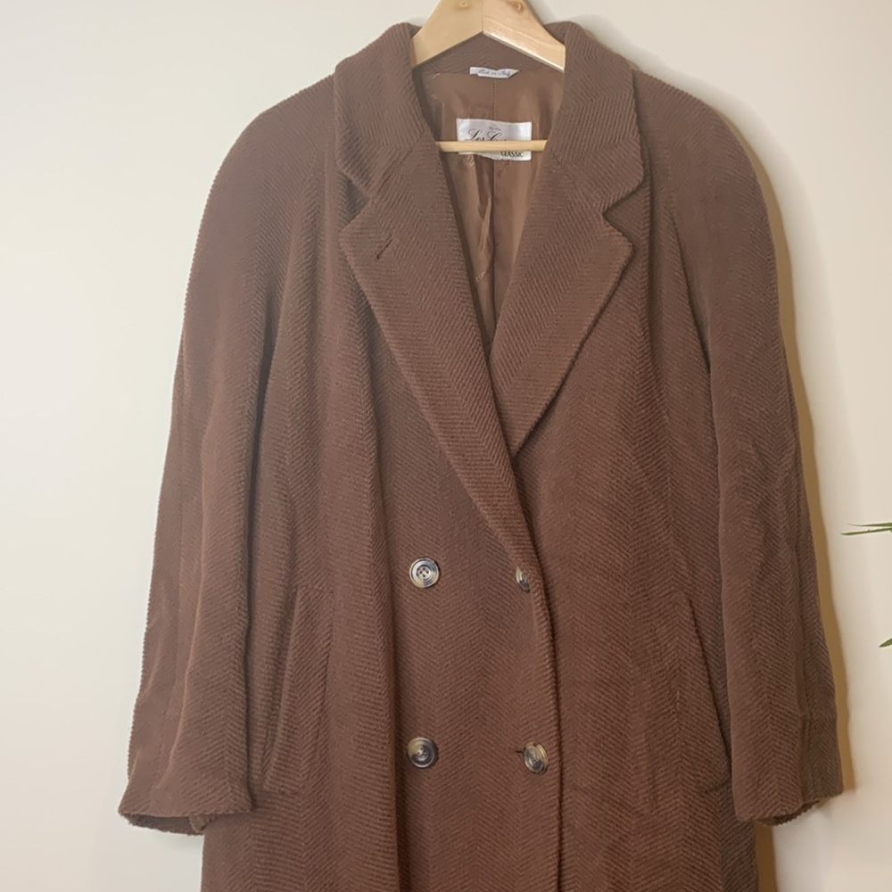 Les Copains | Brown Vintage Made in Italy Wool Textured Herringbone Coat L/XL - Picture 6 of 17